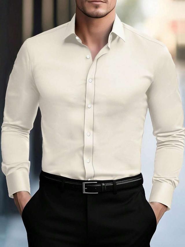 slim fit solid beige long sleeve dress shirt