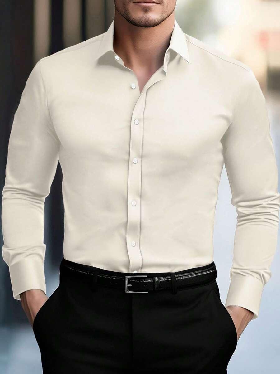 slim fit solid beige long sleeve dress shirt