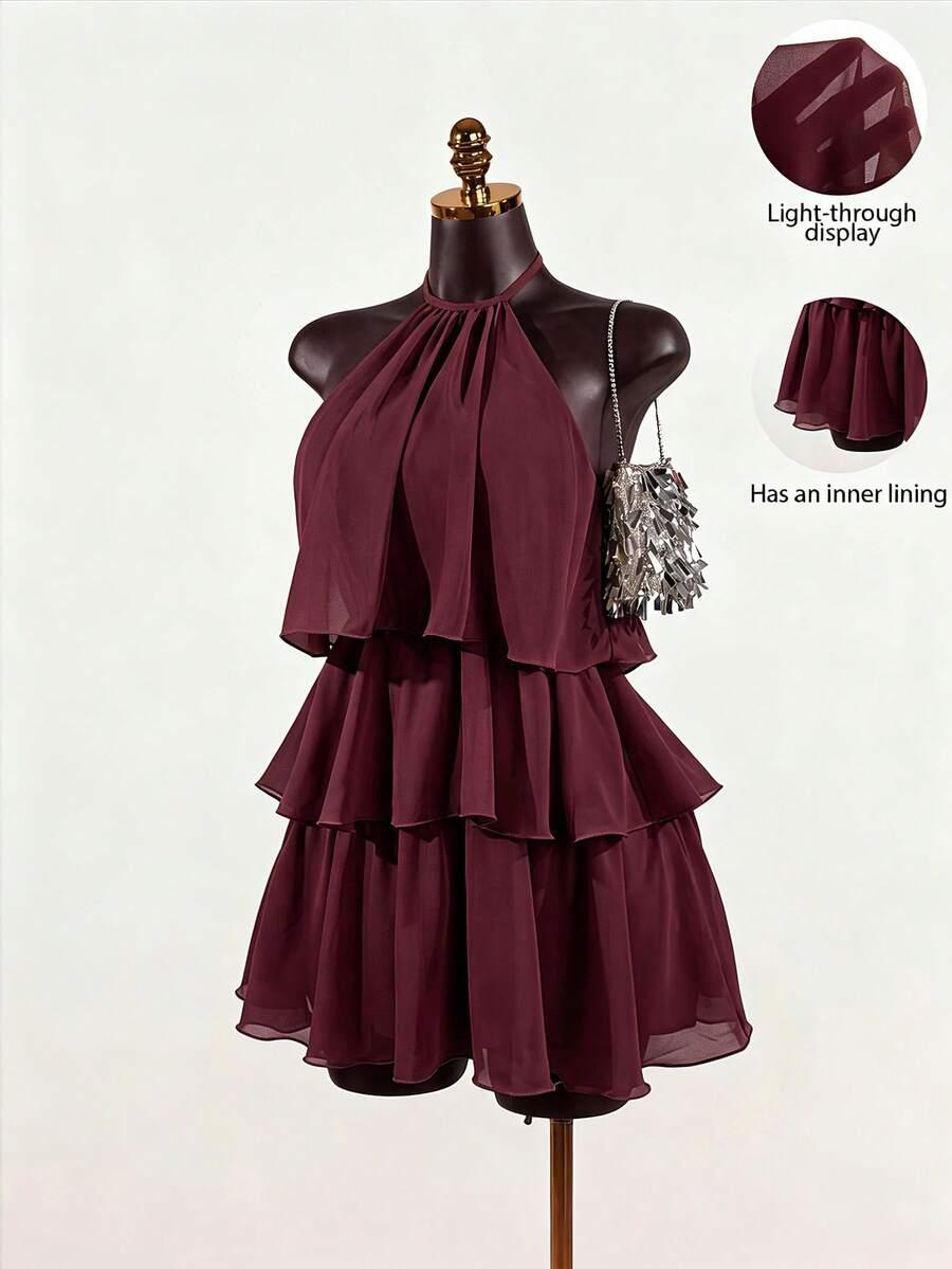 burgundy tiered chiffon halter mini dress
