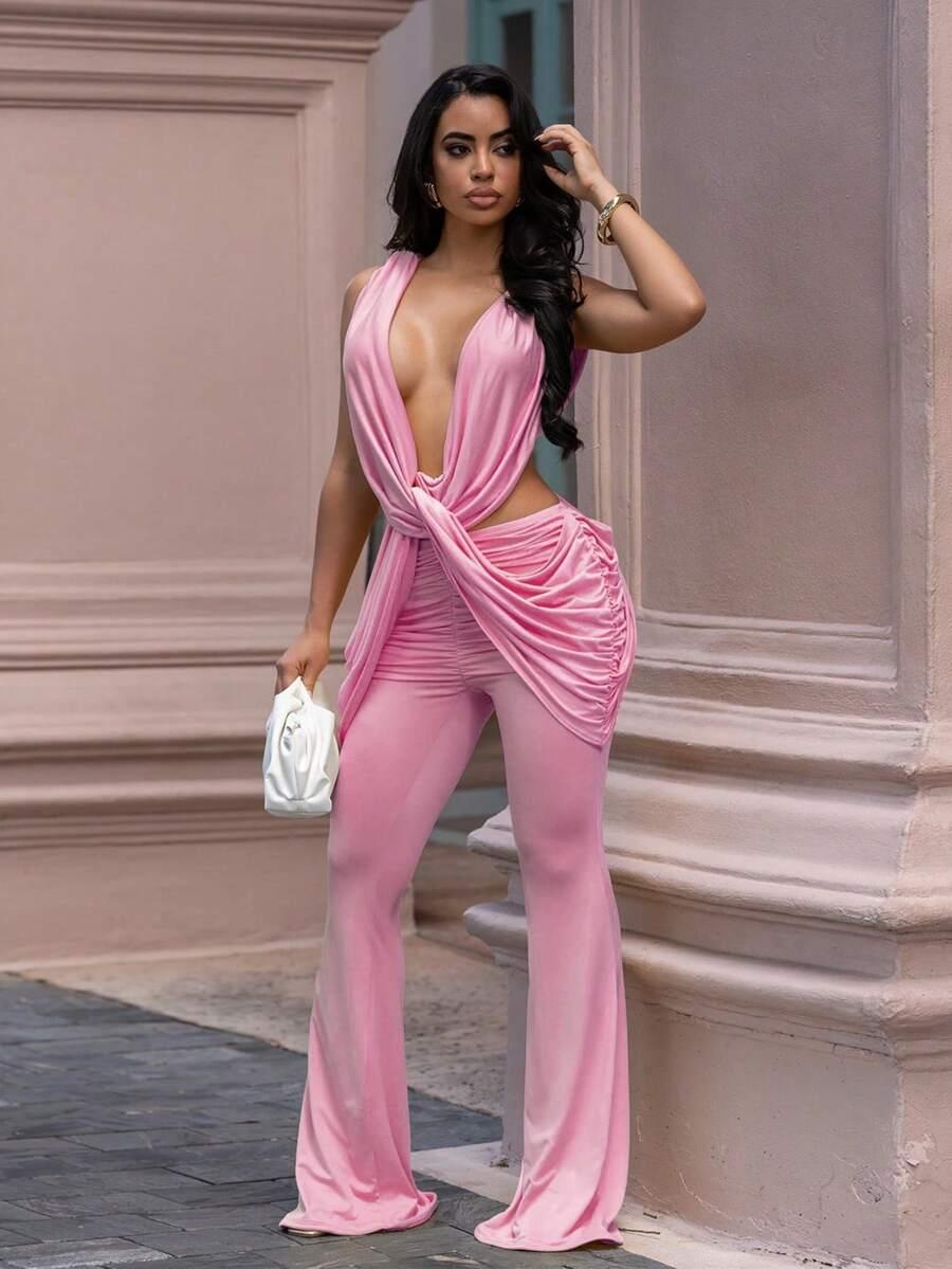 pink draped twist crop top and flare pants set