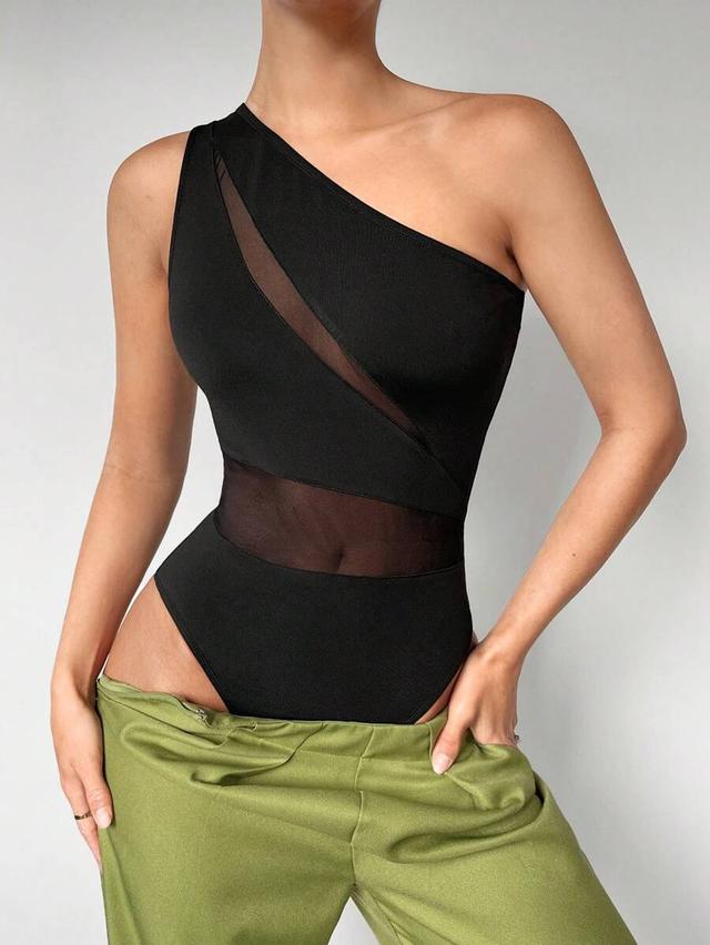 maija black mesh splice asymmetric collar bodysuit
