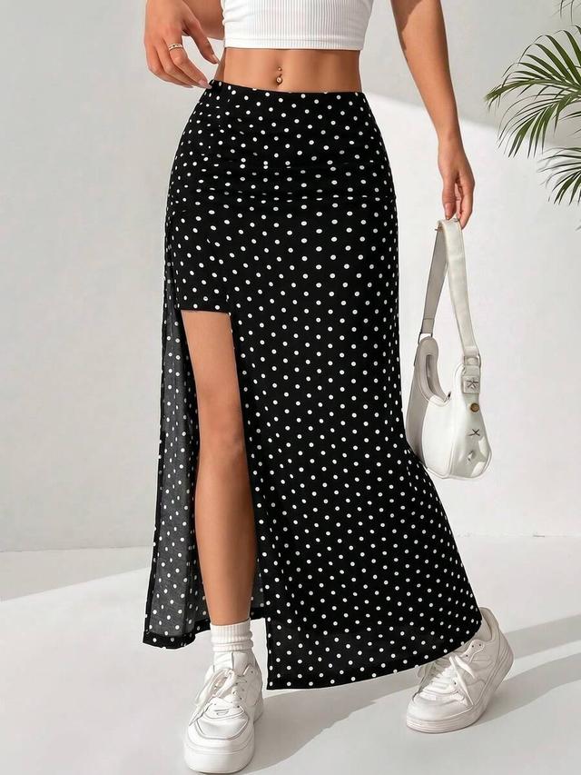 black and white polka dot high slit skirt
