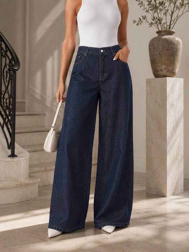 solid dark wash wide leg denim jeans