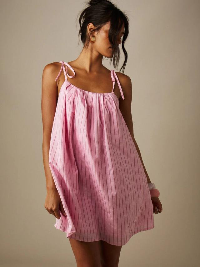 pink striped tie-shoulder gathered babydoll mini dress