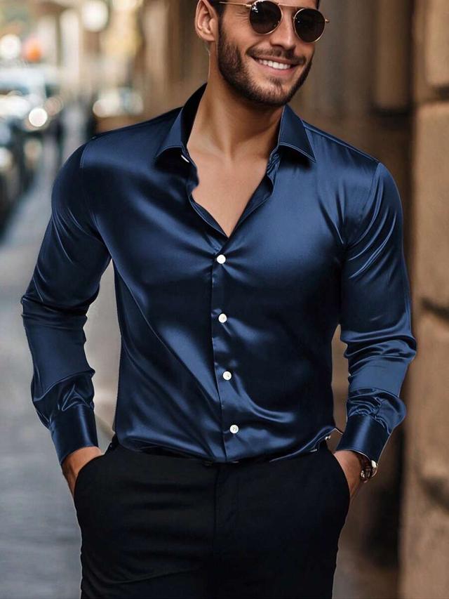 navy blue satin button up long sleeve shirt