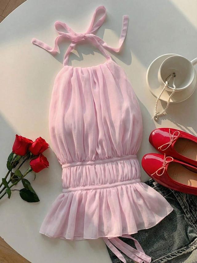 pink ruched halter backless tie-back camisole