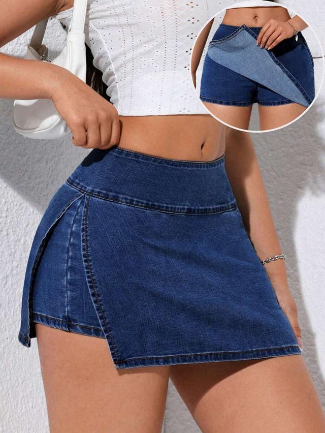 high-waisted denim skort with side slit