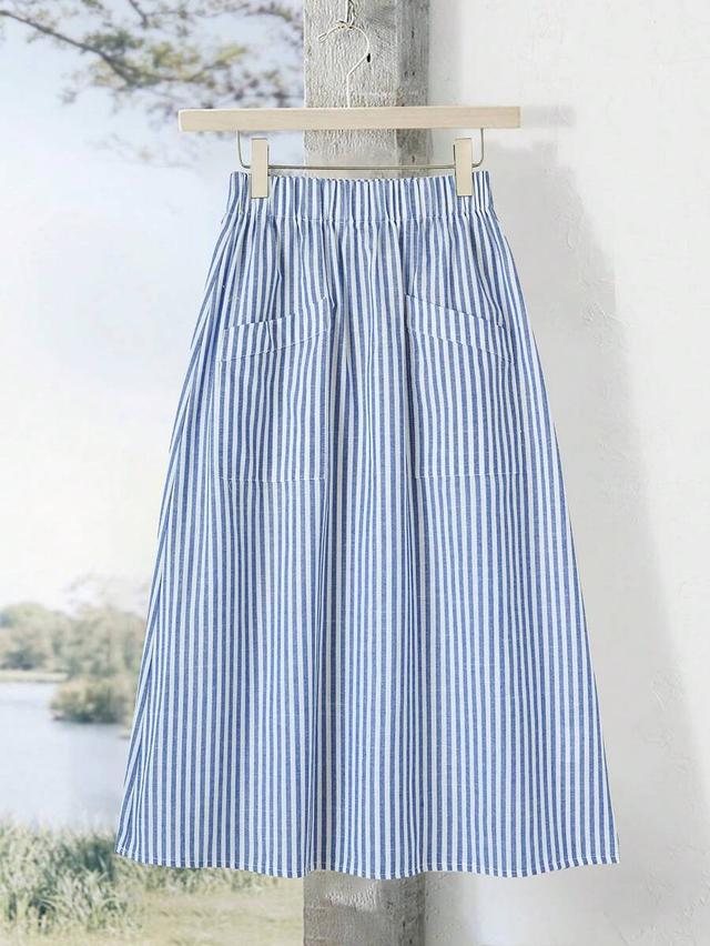 blue and white vertical striped casual midi skirt