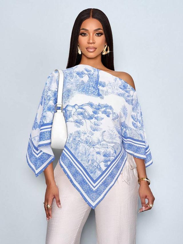 blue and white printed asymmetric neck batwing blouse