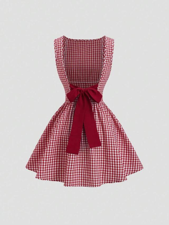 red and white plaid sleeveless a-line dress