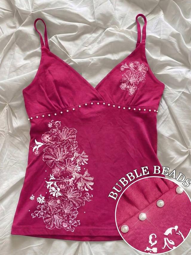 fuchsia hibiscus print camisole with bubble bead trim