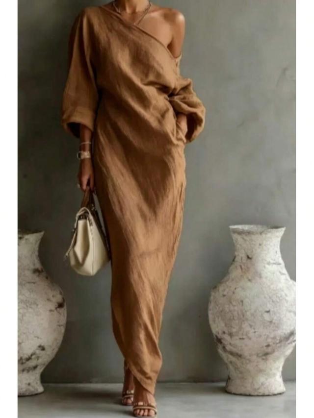 brown linen one-shoulder maxi dress