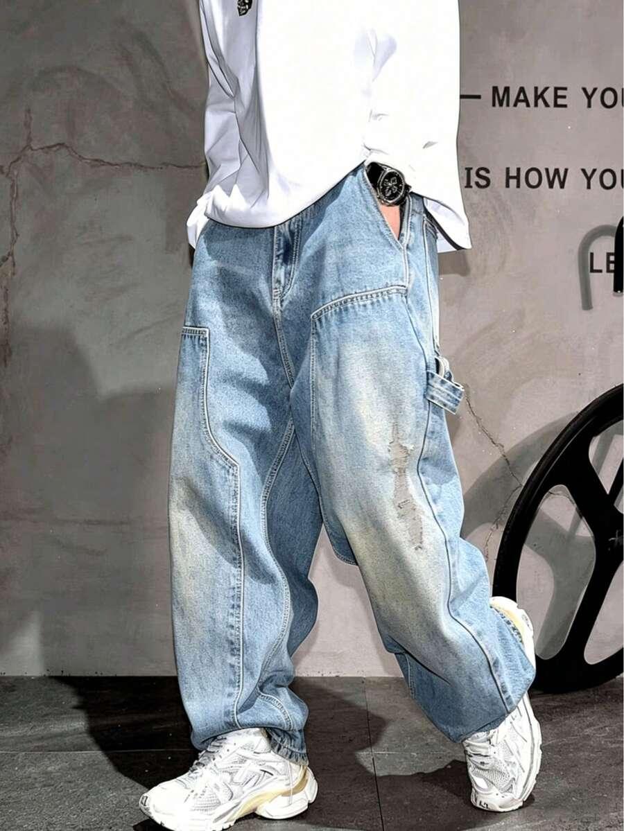 men's y2k washed patchwork distressed loose straight jeans