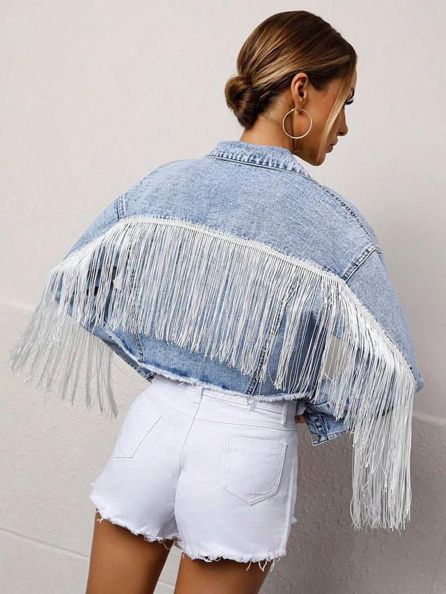 light wash denim fringe crop jacket