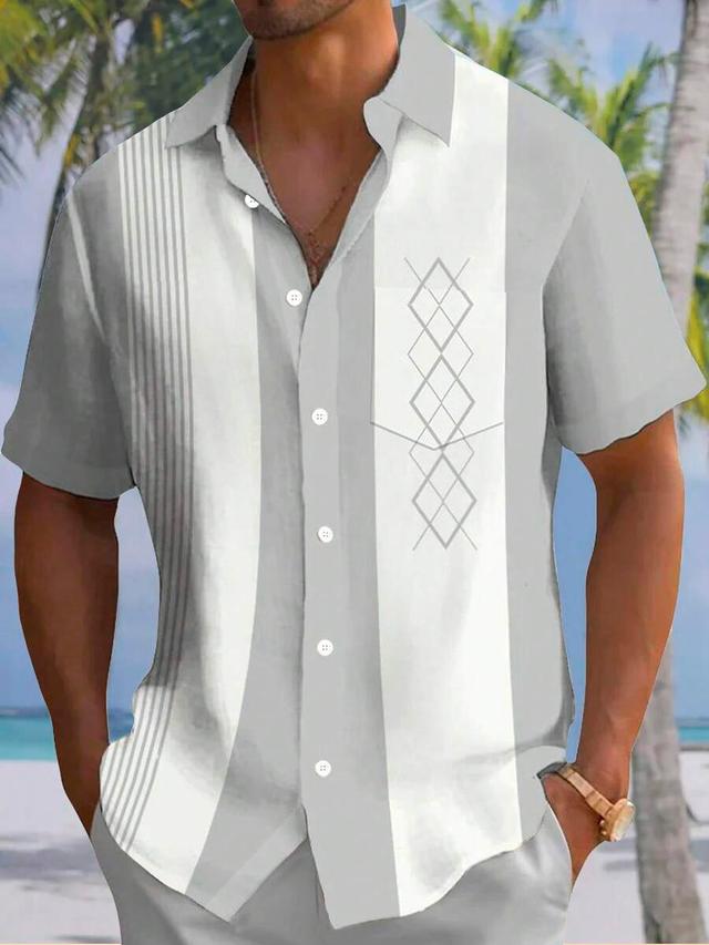vintage geometric pattern bowling collar lightweight short sleeve shirt
