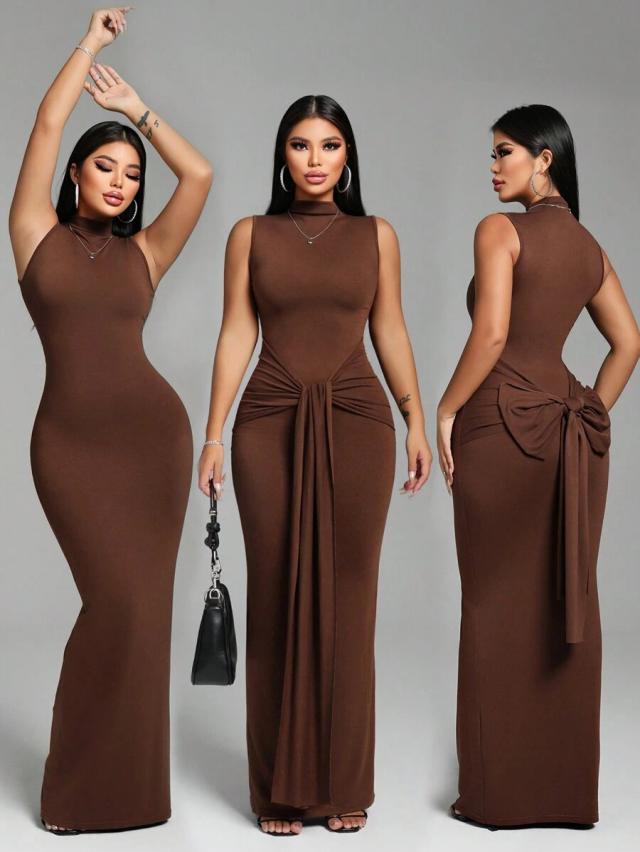 zolique brown mock neck tie front midi dress