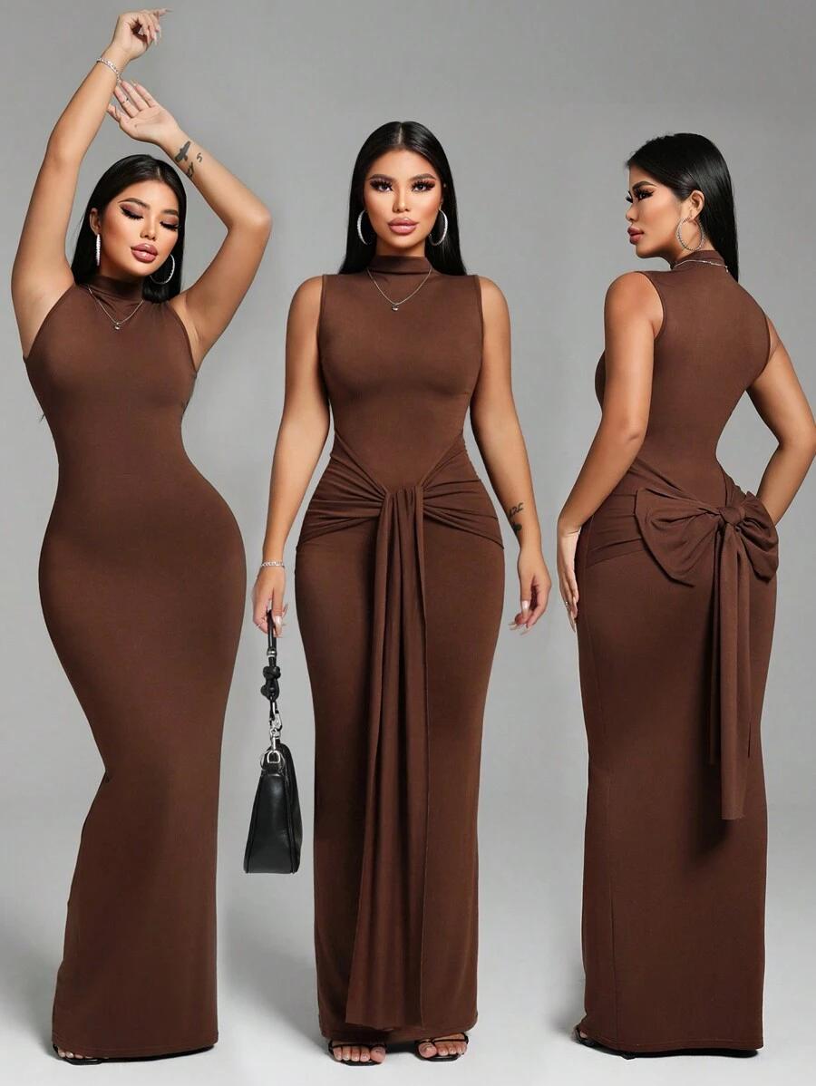 zolique brown mock neck tie front midi dress