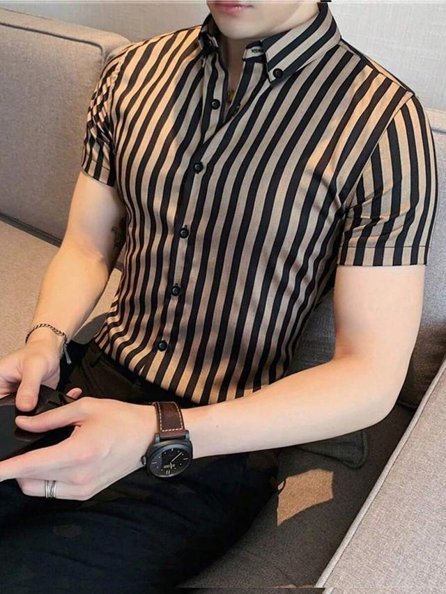 men's striped short sleeve button-down formal shirt
