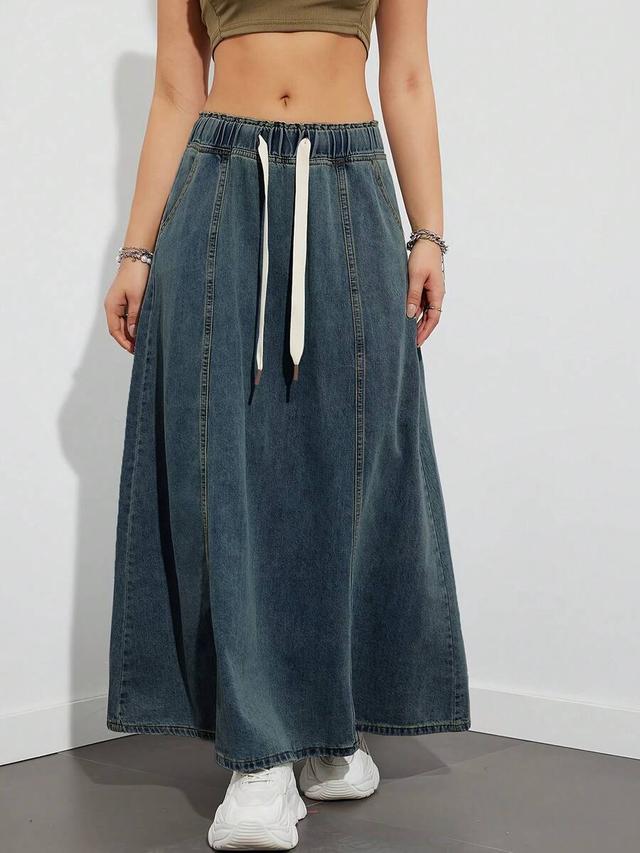 blue denim midi skirt with elastic drawstring waist