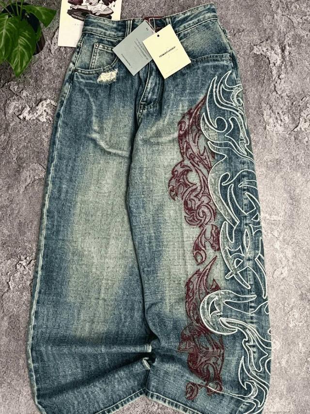y2k gothic flame embroidered baggy vintage washed denim jeans
