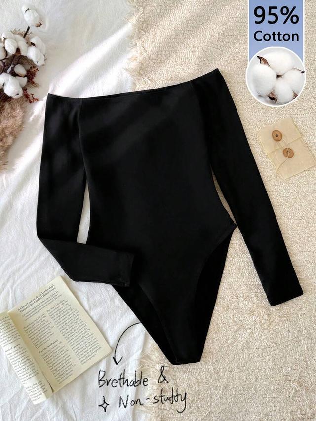 black cotton off-shoulder long sleeve slim bodysuit