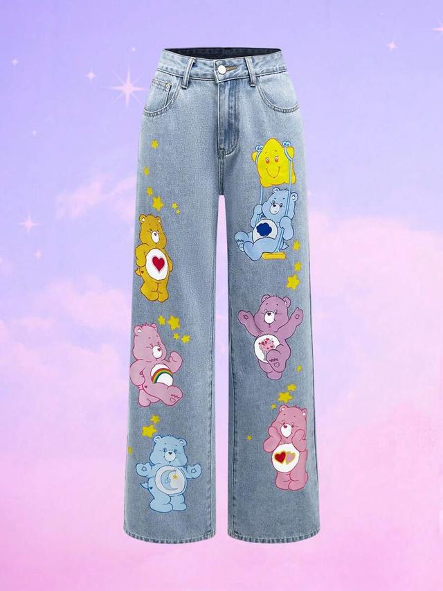 romwe x care bears light wash cartoon print jeans
