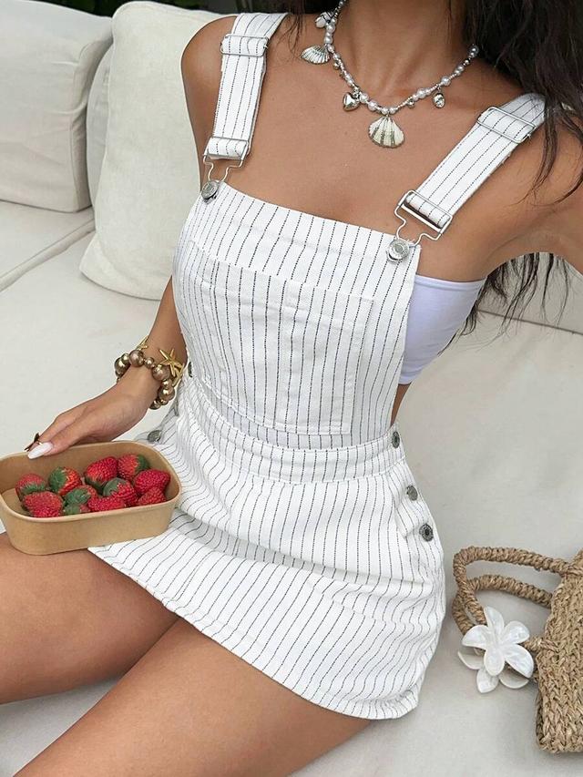 striped print washed denim overall dress