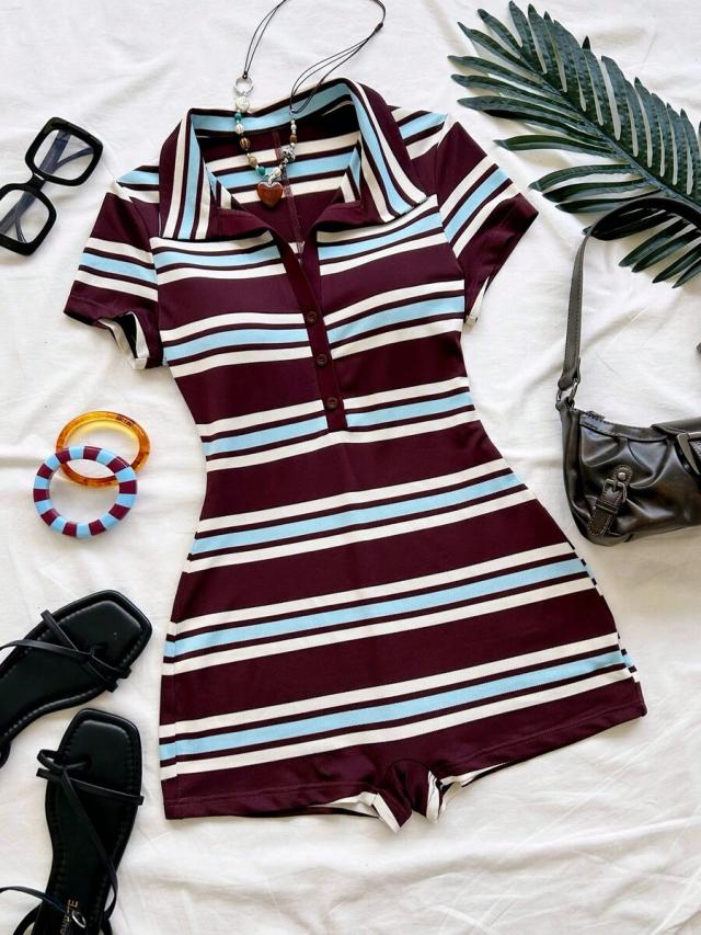 burgundy striped casual polo collar playsuit