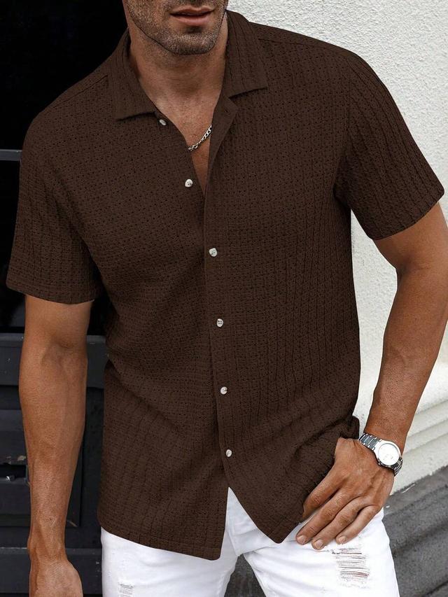 brown textured short sleeve button-up shirt