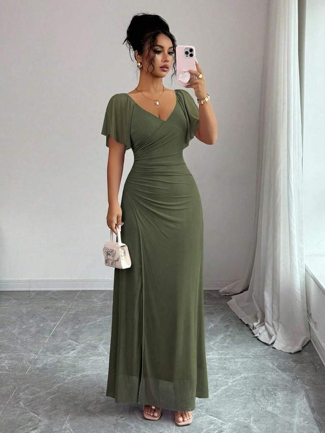 olive green draped midi dress with flutter sleeves