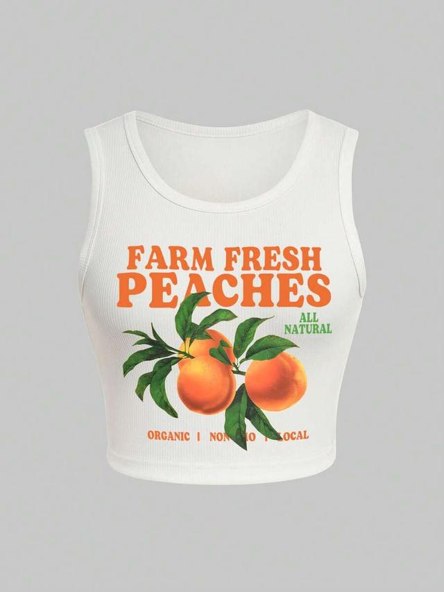 white ribbed cotton tank top with peach graphic