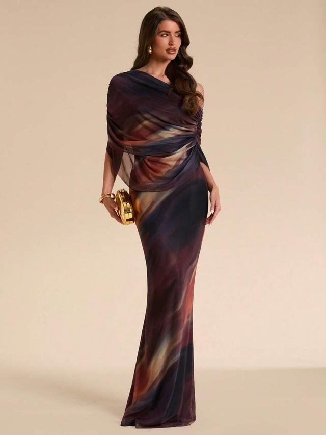 abstract print one-shoulder draped chiffon maxi dress