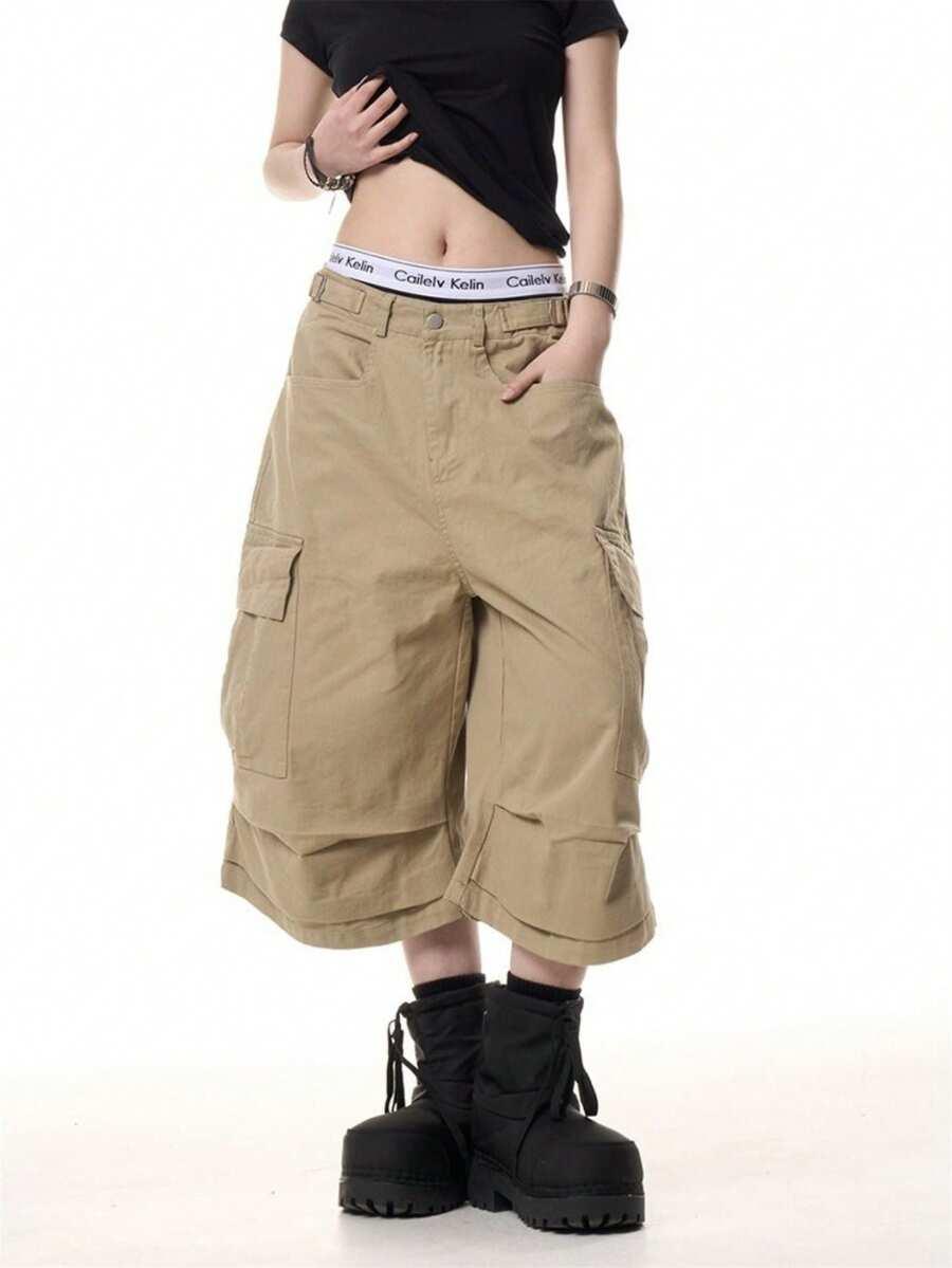 beige baggy cargo culottes wide leg jorts