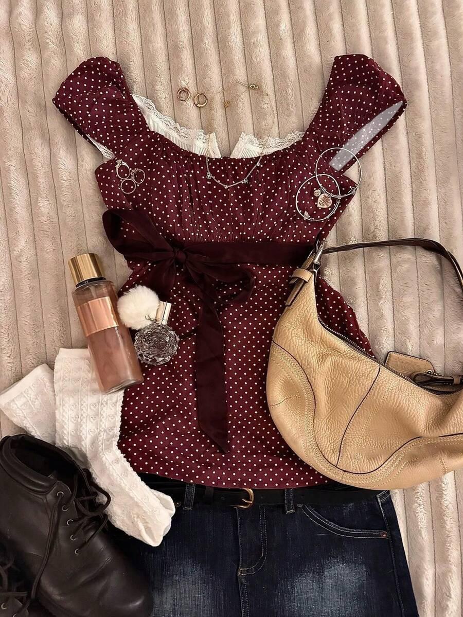 burgundy polka dot square neck smocked waist top