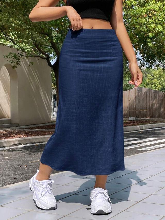 navy blue linen blend lightweight long skirt