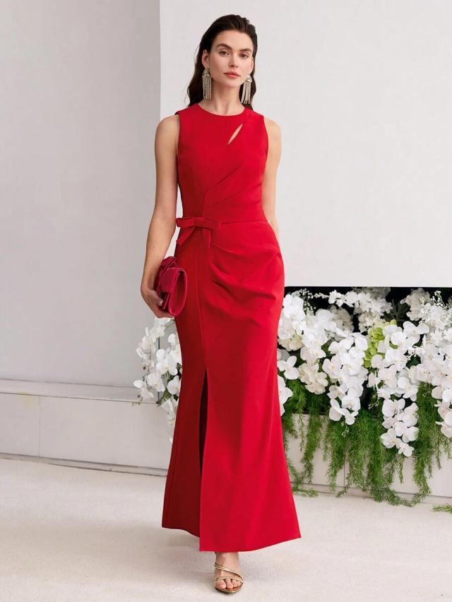 red bow decor sleeveless thigh slit dress