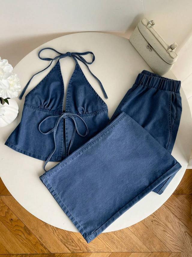 denim halter top and wide leg pants set