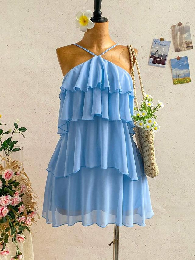 light blue tiered chiffon halter mini dress