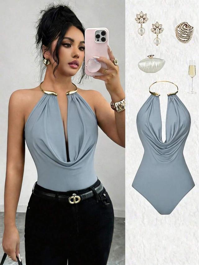 dusty blue metal collar pleated slim fit bodysuit