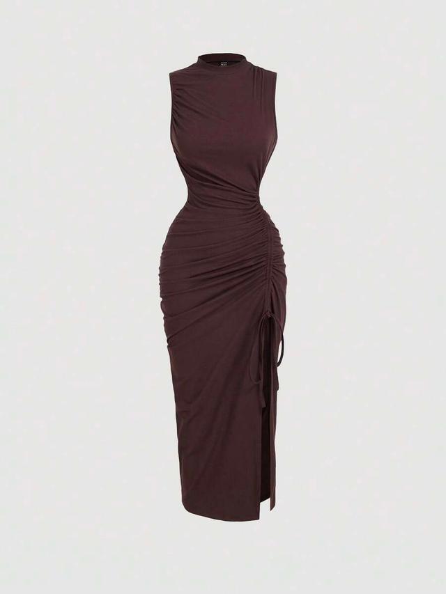 burgundy ruched bodycon midi dress with high slit