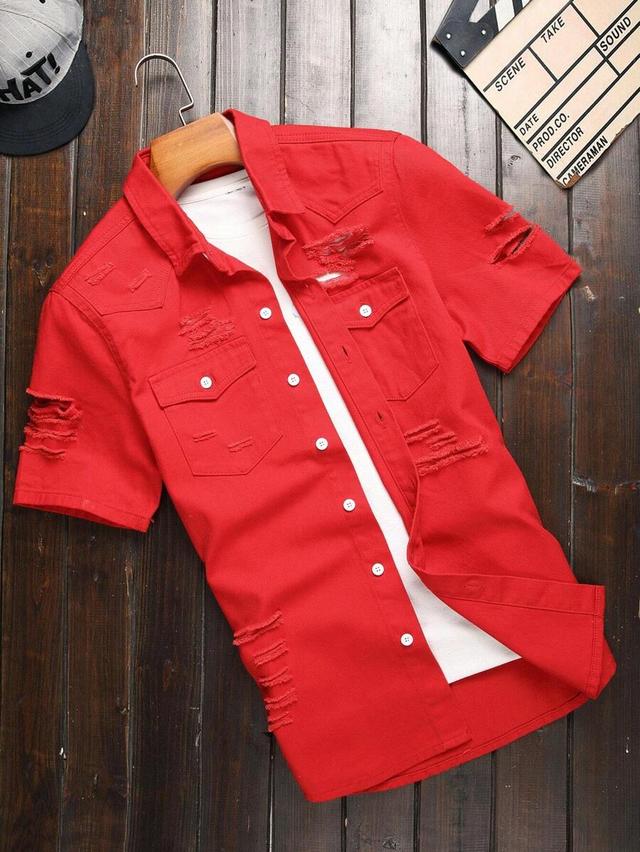 red ripped flap pocket denim shirt
