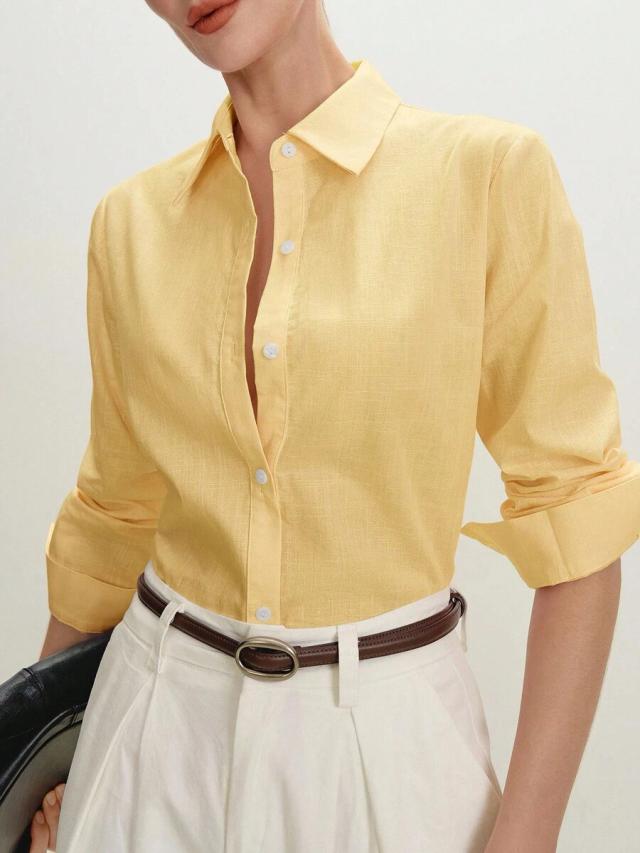 yellow linen blend button down shirt
