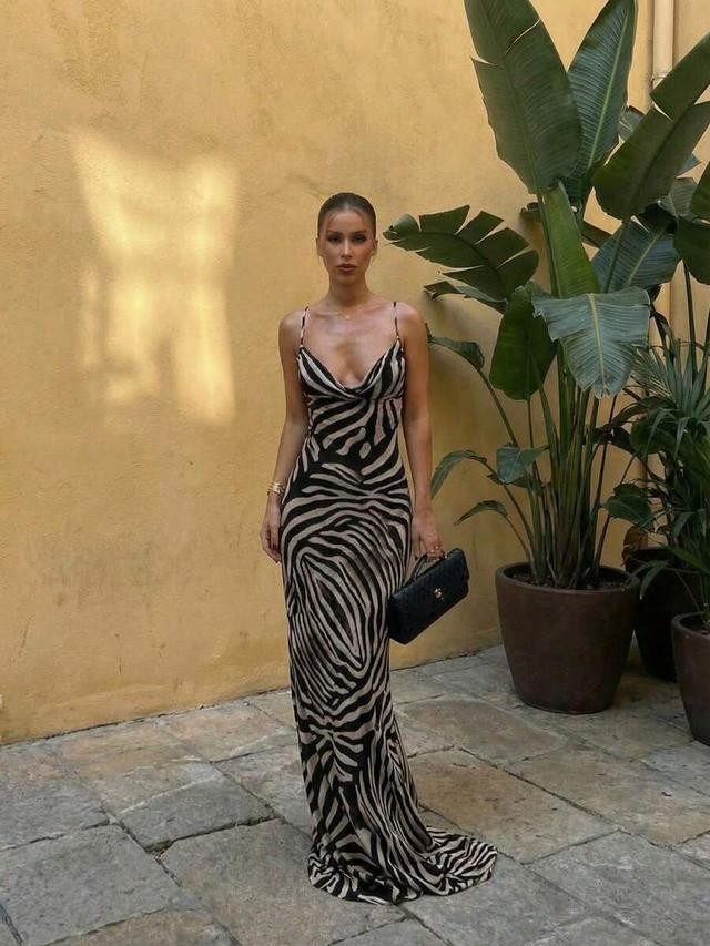 black white zebra print cowl neck floor length slip dress
