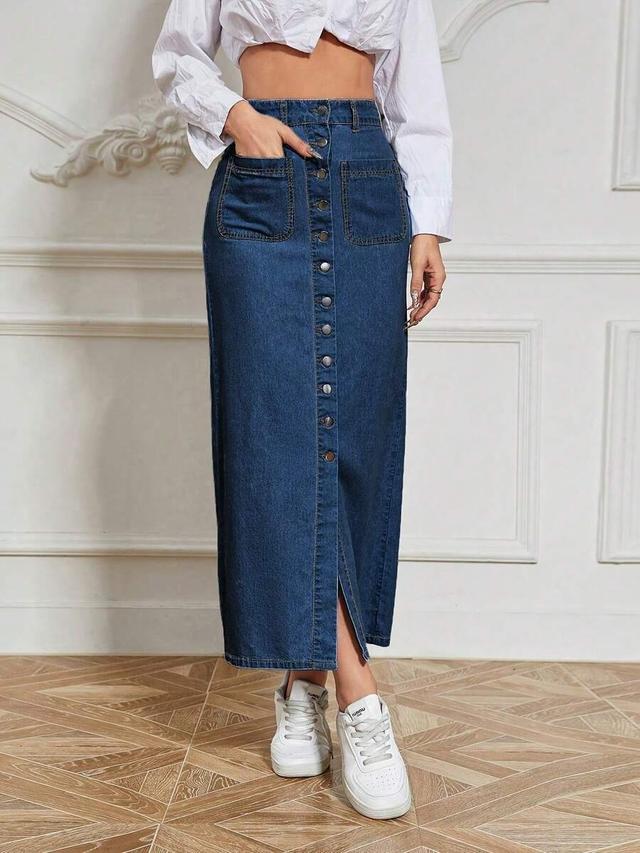 front button denim midi skirt
