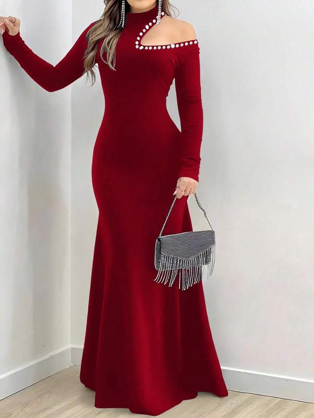 red fitted off-shoulder rhinestone decor long sleeve dress