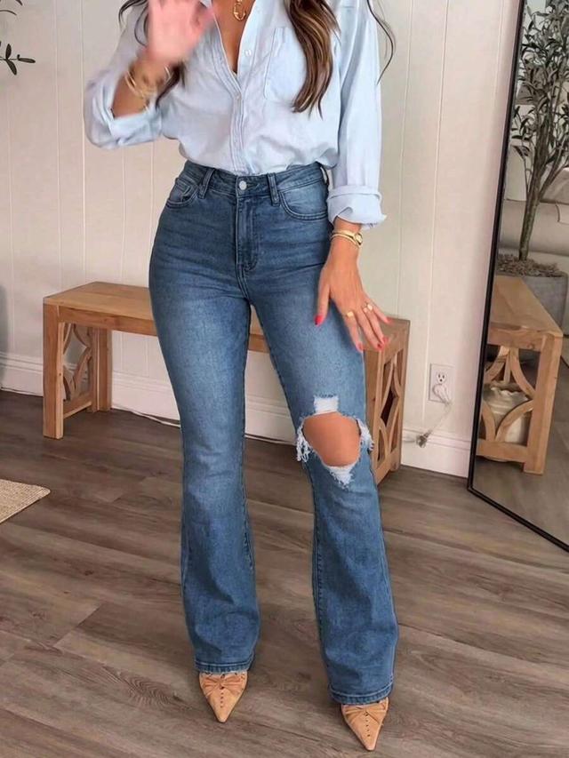 light blue women's distressed elastic skinny flare jeans