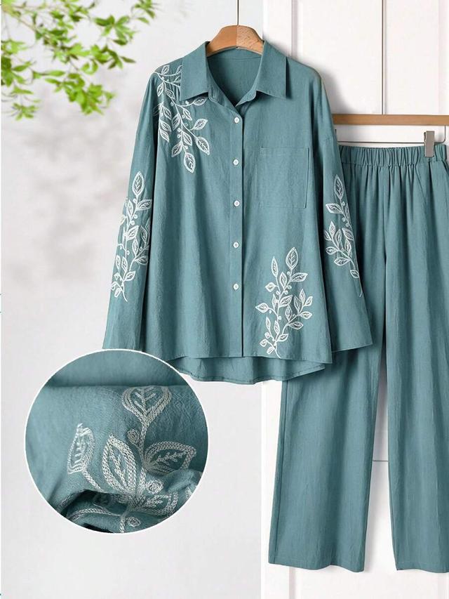 teal blue embroidered cotton long sleeve shirt and pants set