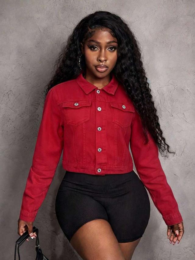 red cropped denim jacket with button closure