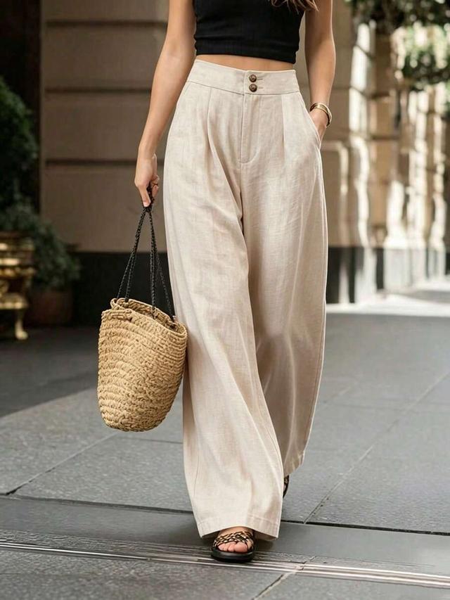 relaxed-fit high-waisted khaki wide-leg trousers