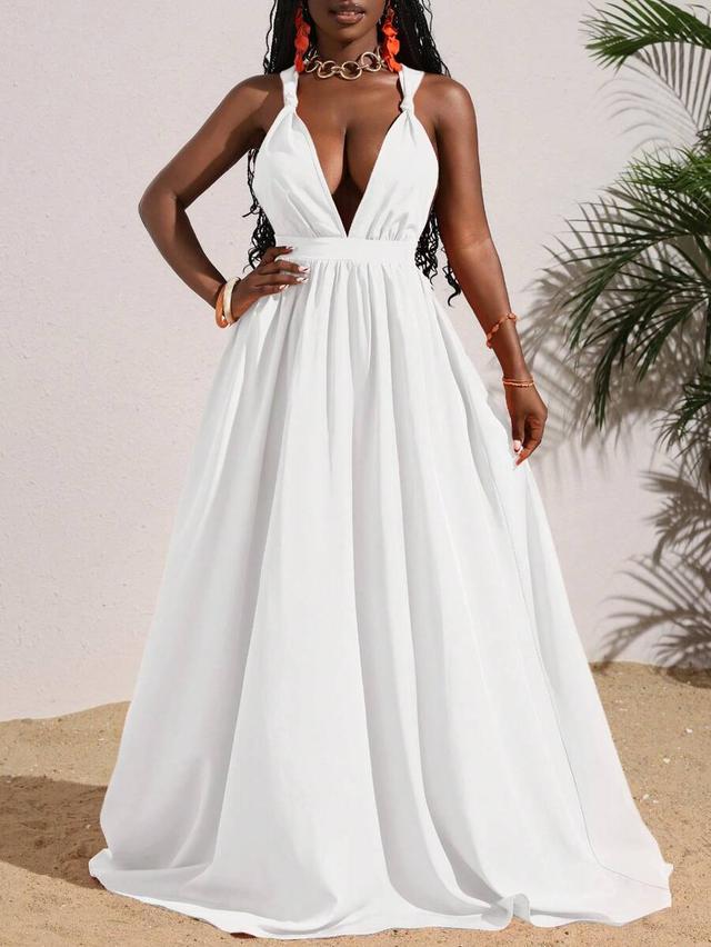 white deep v-neck sleeveless maxi dress